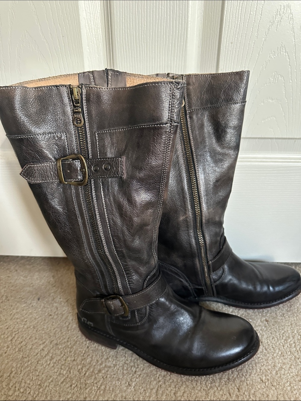 Bed Stu Cobbler Leather Tall Riding Boots Distressed Black Grey Red Sole 8.5/39